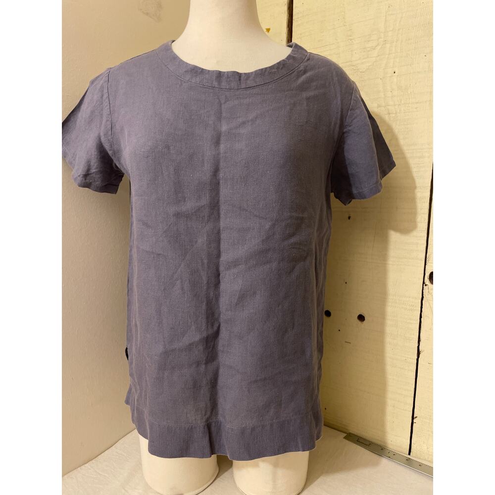 Petalura Women's Size Small Linen Short‎ Sleeve Shirt Blouse Blue